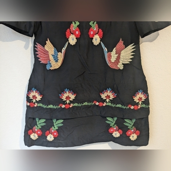 Zara Floral Birds Embroidered Silk Blend Tiered Mini Dress Feminine Bohemian - Picture 9 of 15